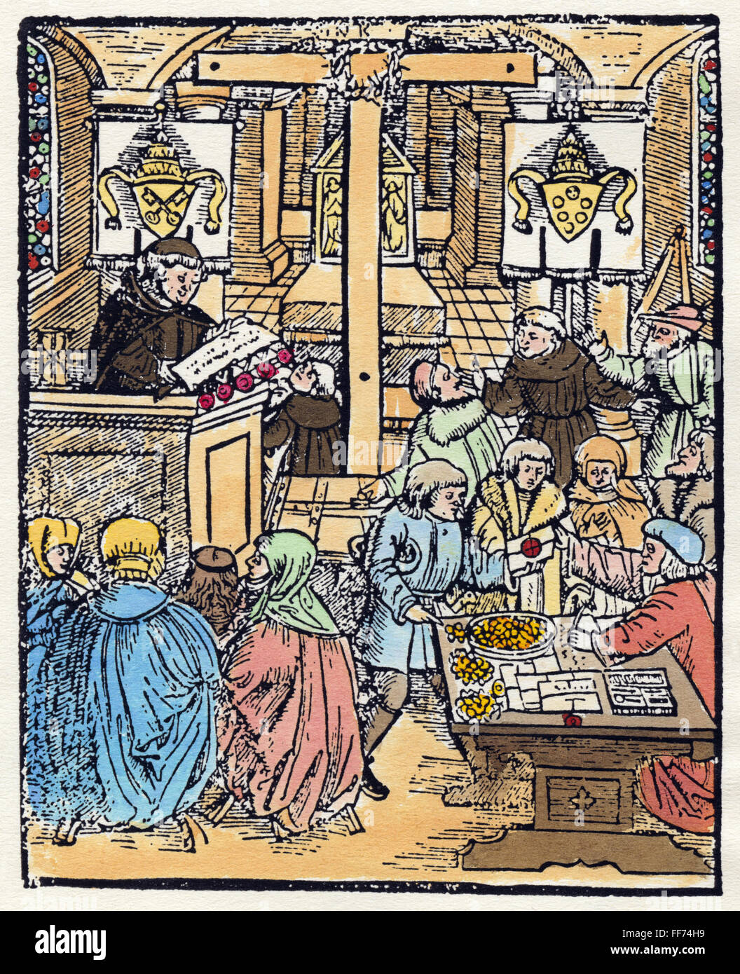 SALE OF INDULGENCES /nin a church, 1525. Colored woodcut from a pamphlet by Martin Luther, 1525. Stock Photo