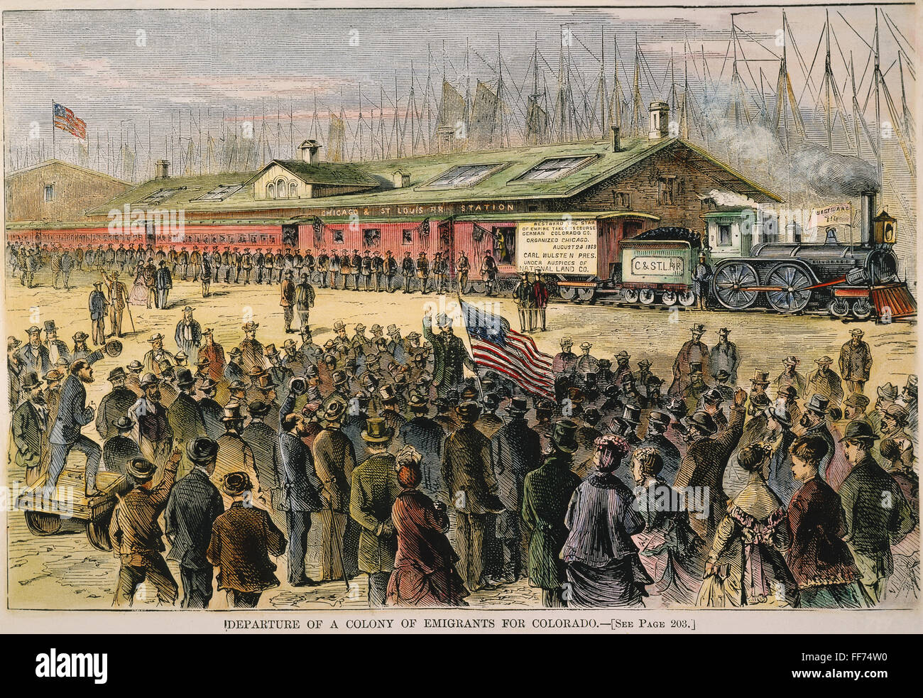 GERMAN IMMIGRANTS, 1870. /nLeaving Chicago to settle in Colfax, Colorado: colored engraving, 1870. Stock Photo
