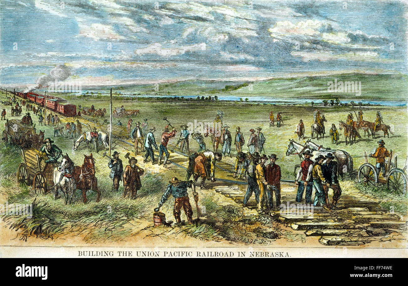 RAILROAD CONSTRUCTION 1867. /nBuilding the Union Pacific Railroad in Nebraska. Color engraving, 1867. Stock Photo