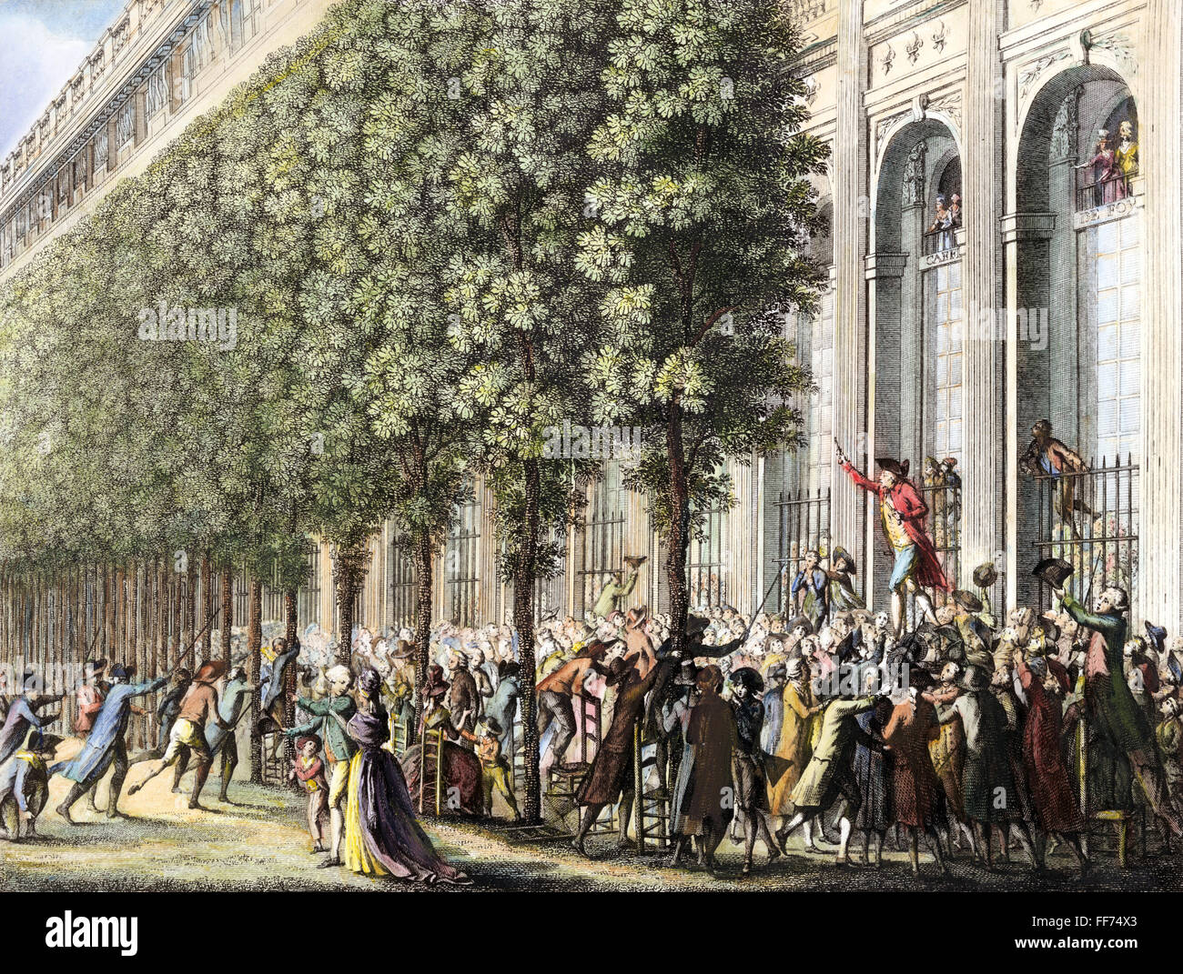 FRENCH REVOLUTION, 1789. /nCamille Desmoulins haranguing Parisians at the Palais Royal on 12 July 1789, two days before the taking of the Bastille and the actual beginning of the French Revolution. French line engraving by Jean-Louis Prieur, early 19th ce Stock Photo