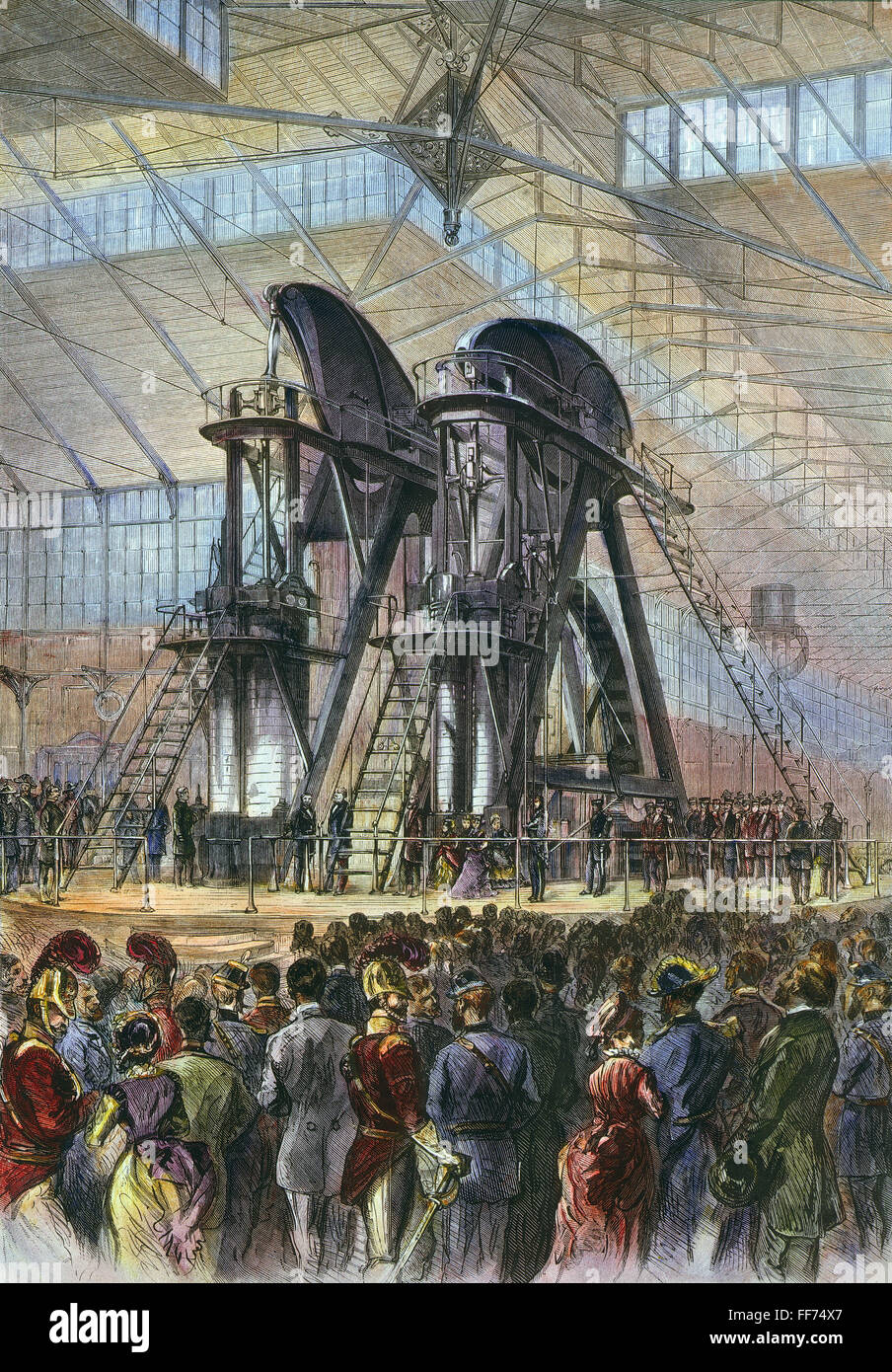 GRANT & BRAZILIAN EMPEROR. /nPresident Ulysses S. Grant and Brazilian Emperor Dom Pedro II starting the Corliss Engine at the opening ceremonies of the Philadelphia Centennial Fair in 1876: contemporary wood engraving. Stock Photo