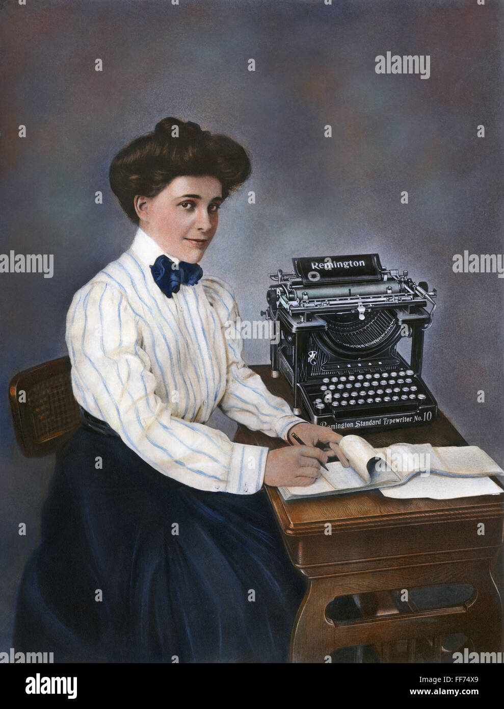 TYPIST, 1905. /nSecretary with Remington typewriter and her stenographer's pad, 1905. Oil over photograph. Stock Photo