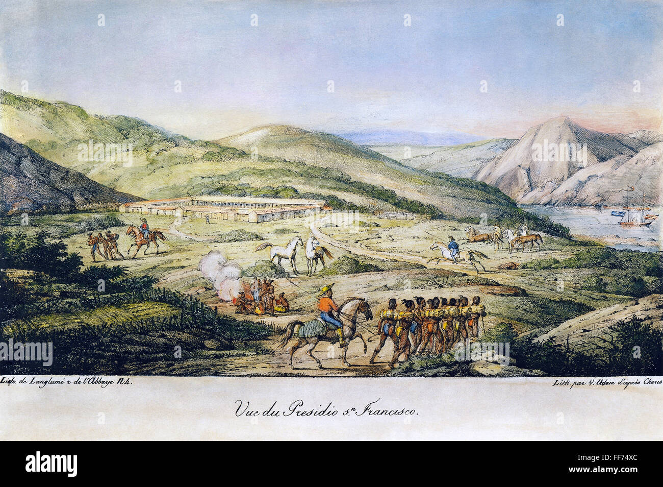 PRESIDIO OF SAN FRANCISCO. /nA view of the Presidio at San Francisco in the fall of 1816. Colored lithograph, French, 1822, after a drawing by Louis Choris. Stock Photo