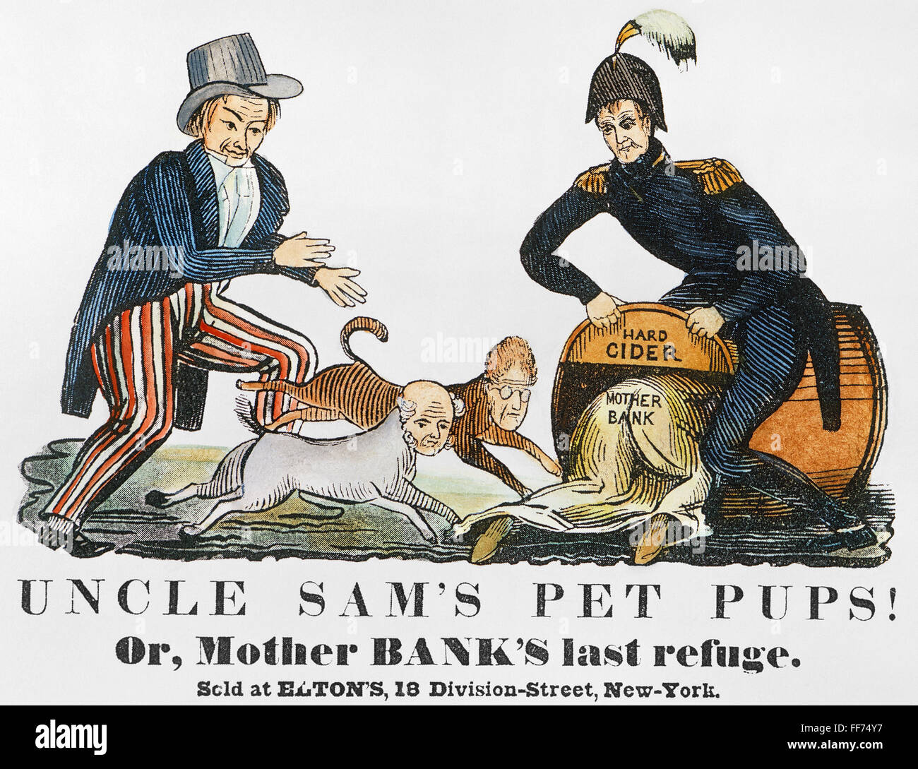 UNCLE SAM: CARTOON, 1840. /n'Uncle Sam's Pet Pups!' One of the earliest cartoon appearances (1840) of Uncle Sam and showing him chasing Andrew Jackson and Martin Van Buren into the hard cider barrel held by presidential candidate W.H. Harrison. Stock Photo