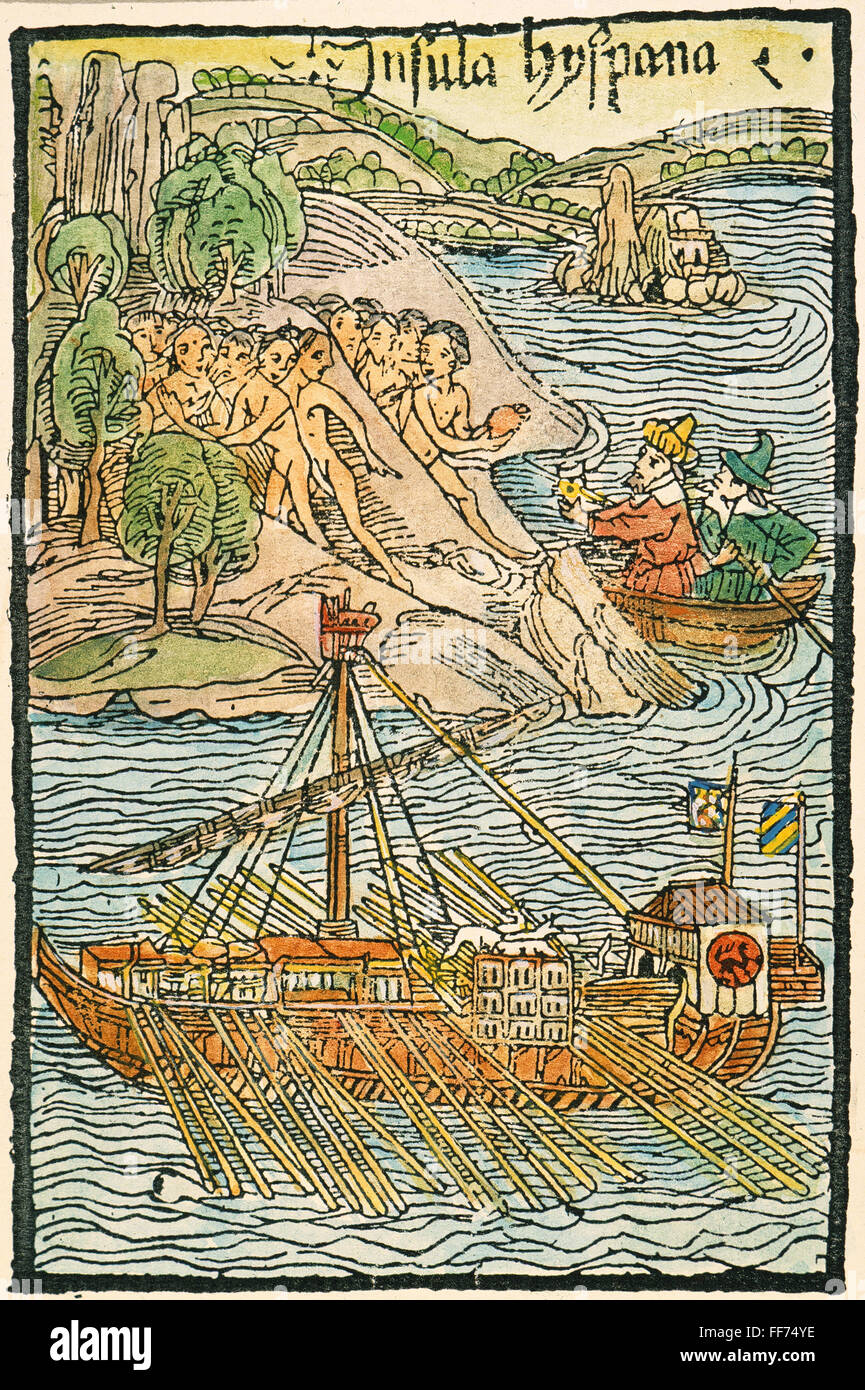 HISPANIOLA: TRADING, 1493. /nChristopher Columbus trading with the Indians of Hispaniola: colored woodcut from the illustrated edition of the Columbus letter to Sanchez, 1493. Stock Photo
