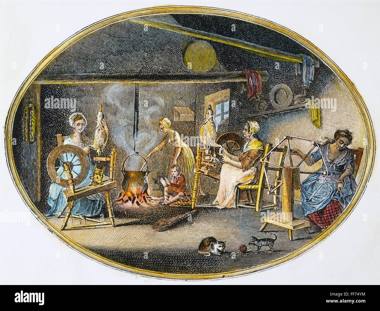 LINEN MANUFACTURE, 1783. /n'Spinning - reeling with the clock-reel - boiling yarn.' Engraving illustrating the Irish linen manufacture in County Down, Ireland. Stock Photo