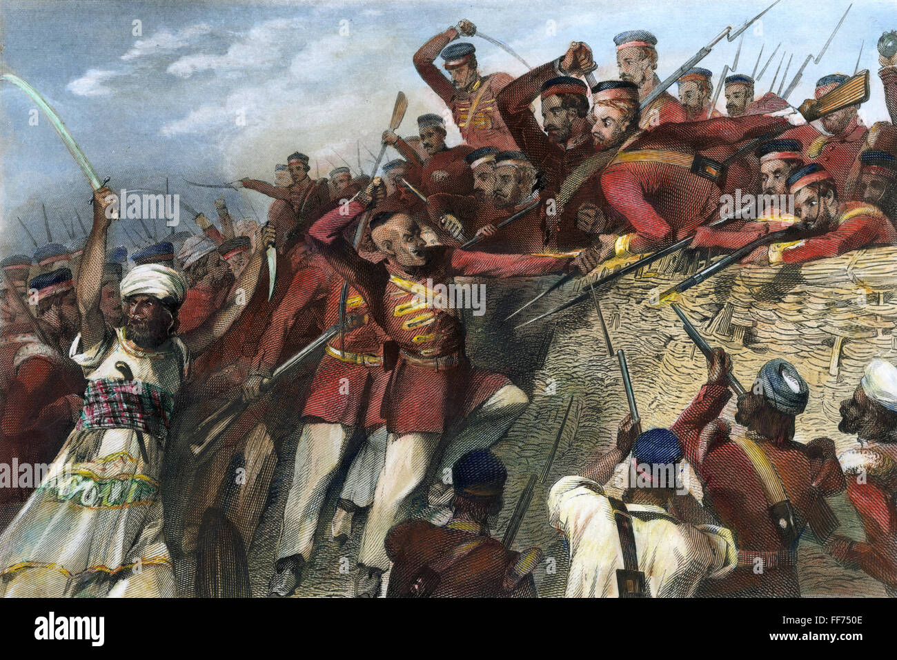 INDIA: SEPOY MUTINY, 1857. /nSepoy mutineers attacking the redan battery at Lucknow, India on 30 July 1857. Contemporary English colored engraving. Stock Photo