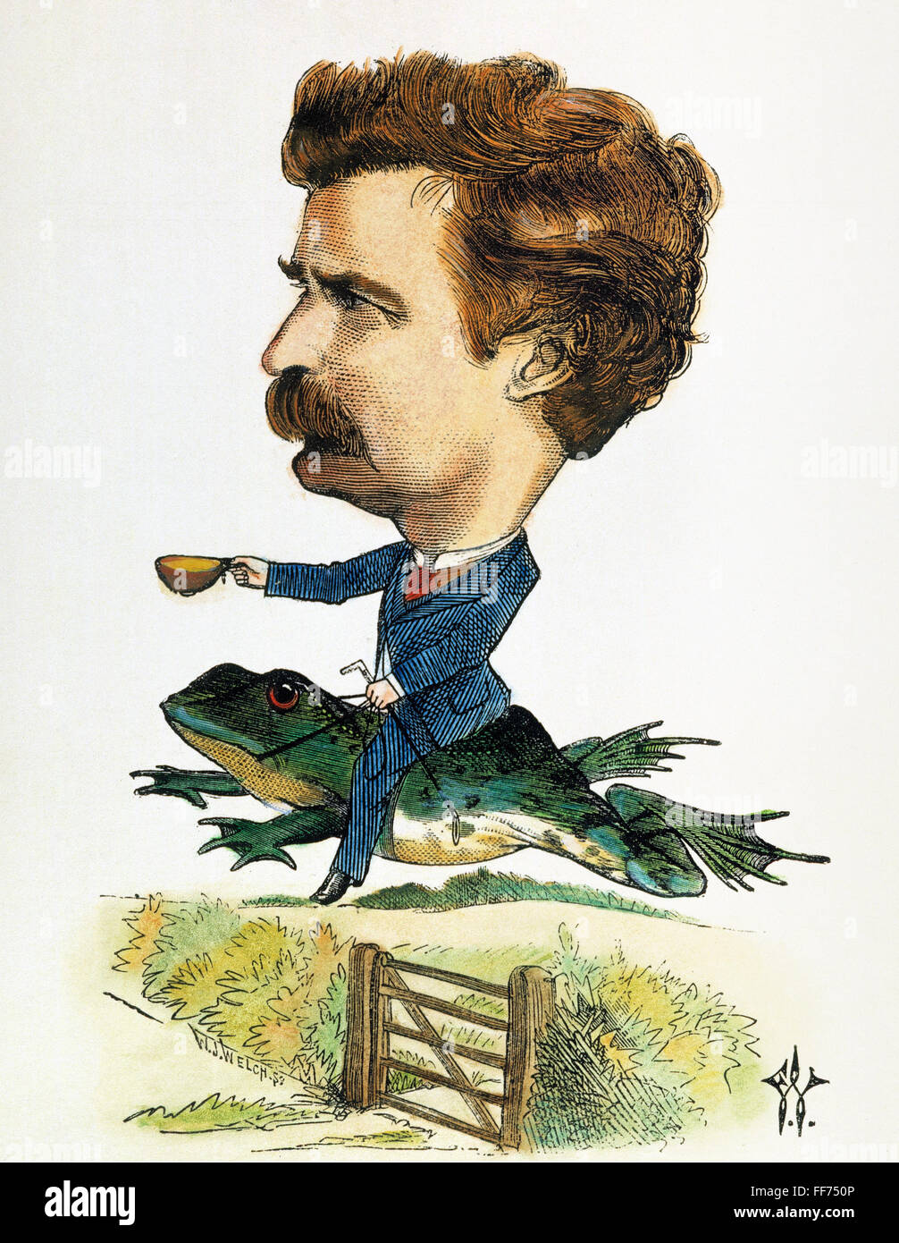 SAMUEL LANGHORNE CLEMENS /n(1835-1910). Pseudonym Mark Twain. American writer and humorist. Riding the celebrated jumping frog. Colored caricature, 1872, by Frederick Waddy. Stock Photo