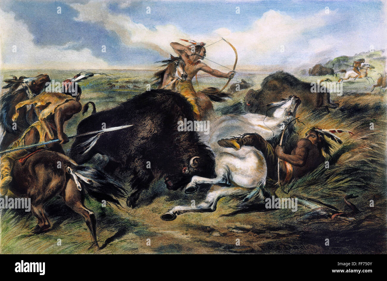 INDIANS HUNTING BUFFALO. /nColored engraving, 1873, after Felix O.C. Darley. Stock Photo