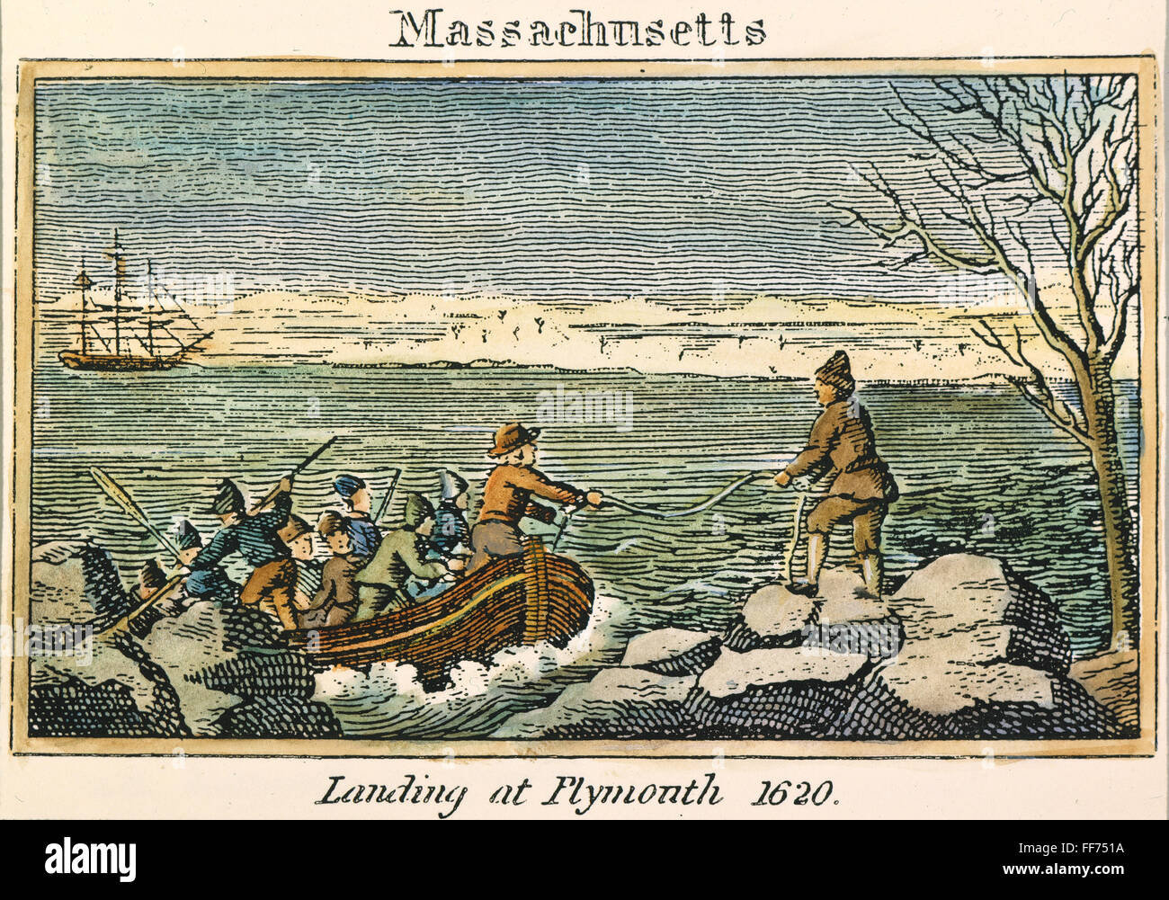 PLYMOUTH ROCK: LANDING. /nThe Landing of the Pilgrims on Plymouth Rock in December 1620: colored engraving, American, 1829. Stock Photo