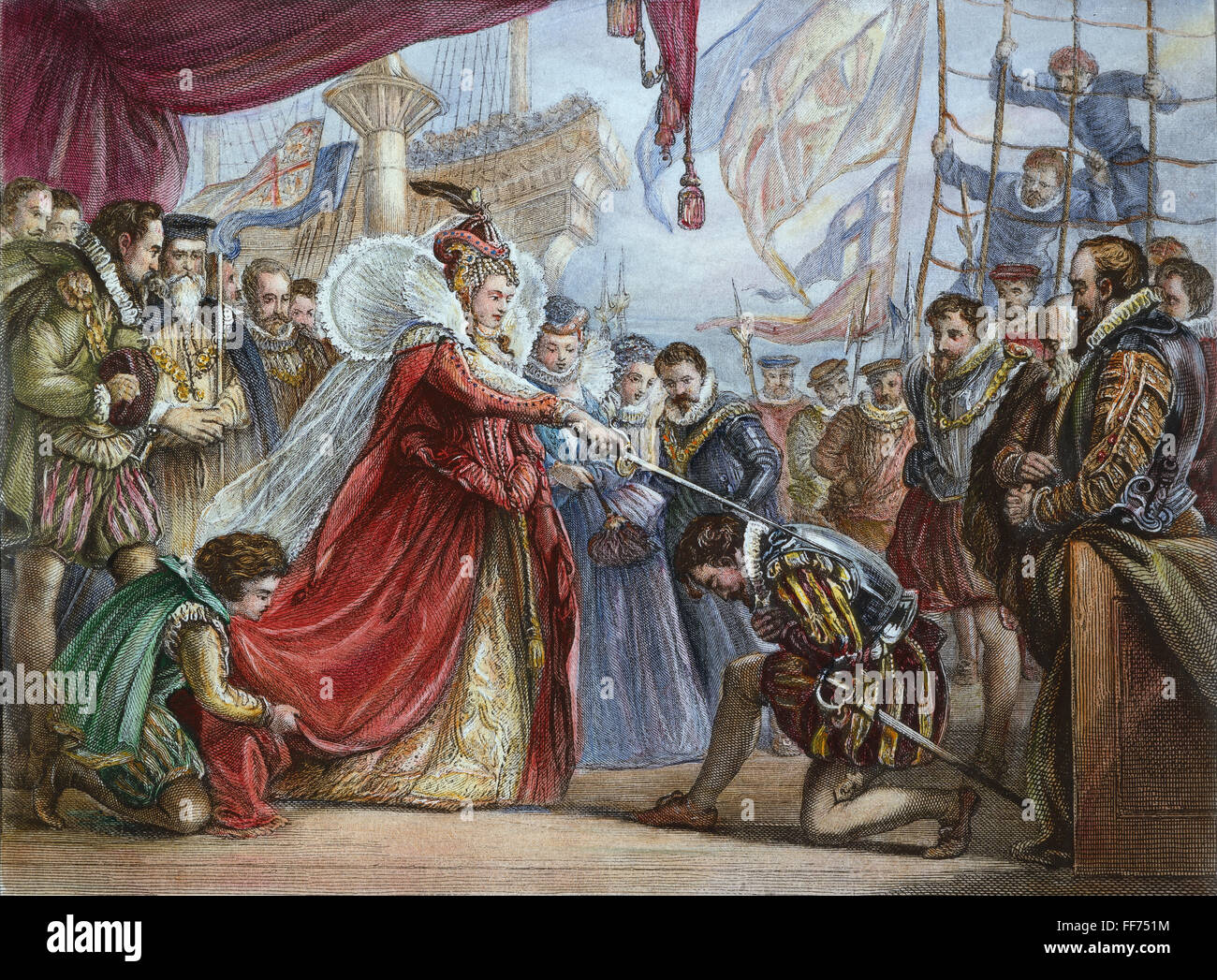 ELIZABETH I/FRANCIS DRAKE. /nQueen Elizabeth I knighting Francis Drake on the deck of the 'Golden Hind' in Deptford in April 1581: colored engraving, 19th century. Stock Photo