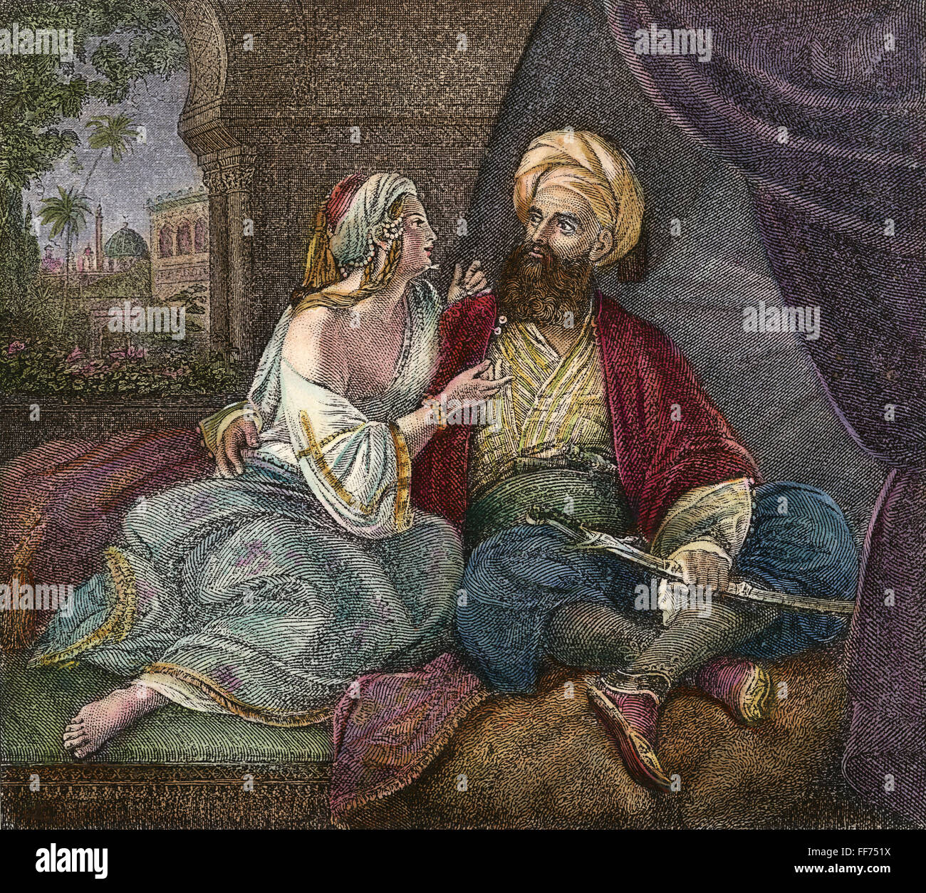 ARABIAN NIGHTS. /nScheherazade amusing the Sultan Schahriah and prolonging her life with the tales for a thousand and one nights. Colored engraving, 19th century. Stock Photo