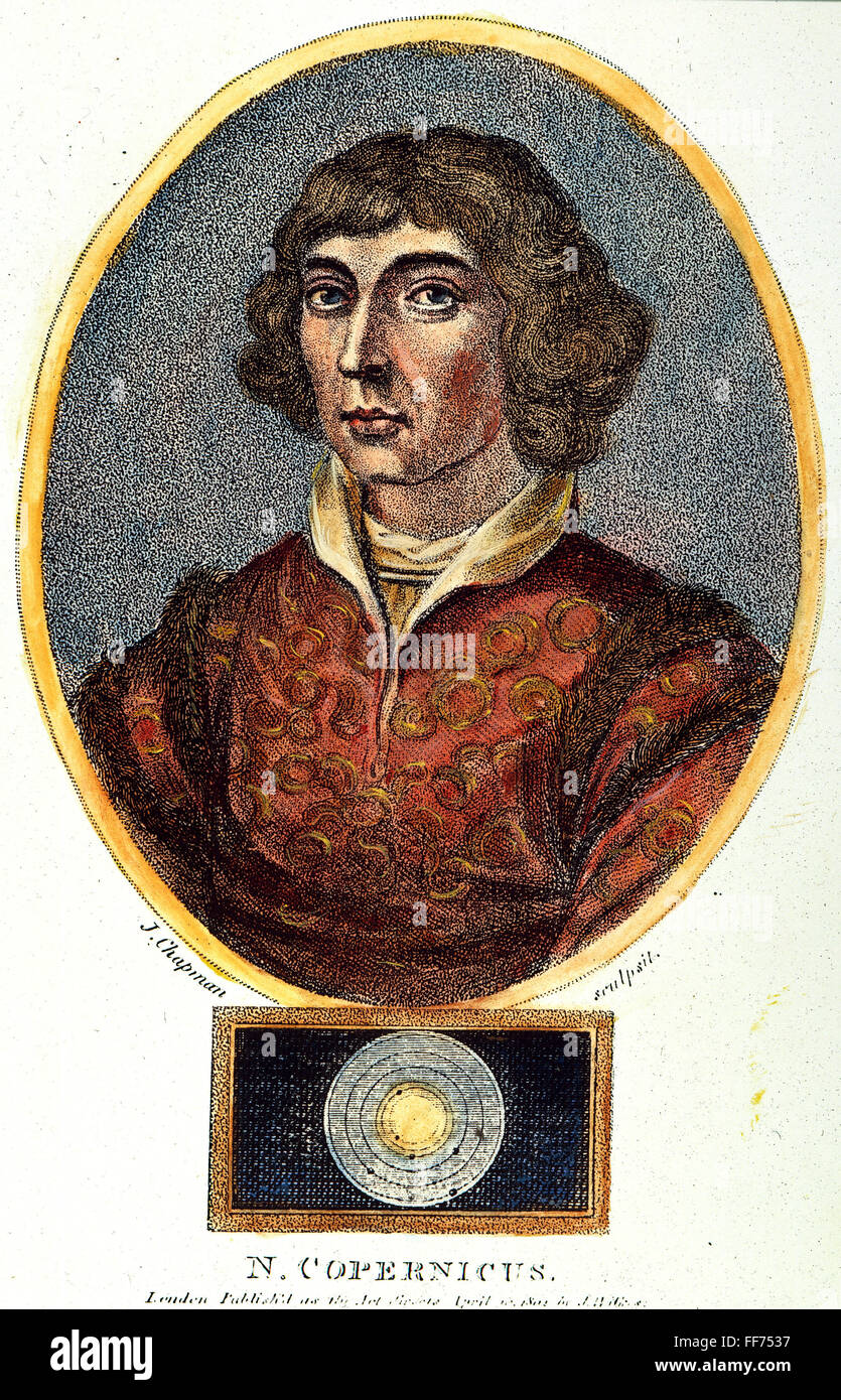 NICOLAUS COPERNICUS /n(1473-1543). Polish astronomer. English aquatint engraving, 1802. Stock Photo