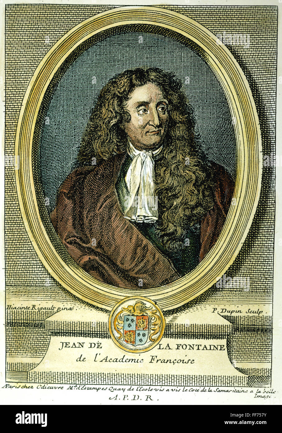 JEAN DE LA FONTAINE /n(1621-1695). French colored engraving, 1777. Stock Photo