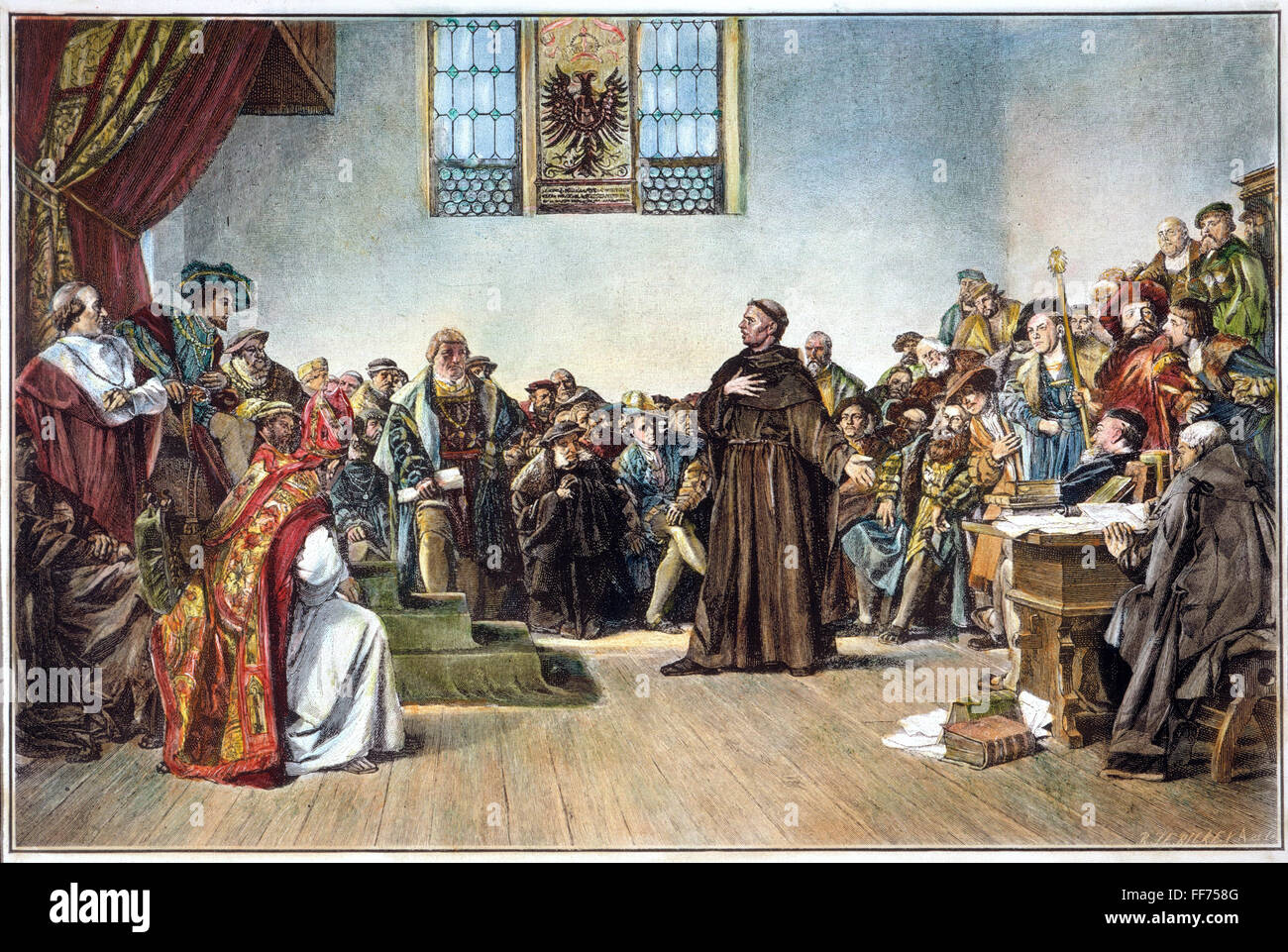 MARTIN LUTHER (1483-1546). /nGerman religious reformer. Luther defends himself before Holy Roman Emperor Charles V at the Diet in Worms, 17-18 April 1521. Line engraving, 19th century. Stock Photo