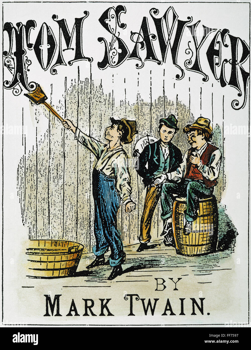 CLEMENS: TOM SAWYER. /nThe immortal incident of Tom Sawyer whitewashing the fence: title page to a late 19th century edition of Mark Twain's 'The Adventures of Tom Sawyer.' Stock Photo