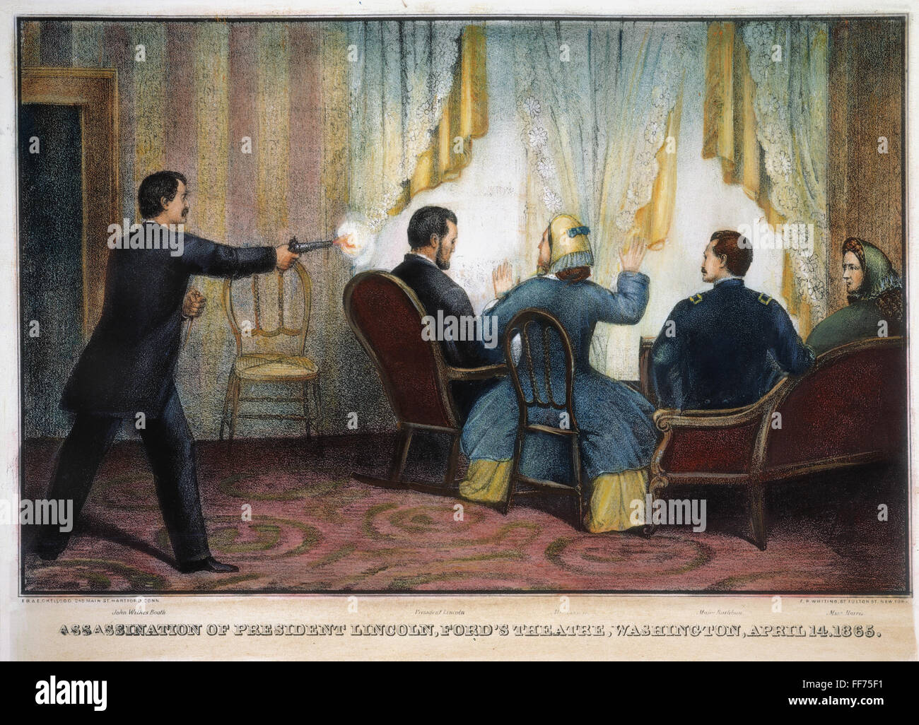 LINCOLN ASSASSINATION. /nThe assassination of President Abraham Lincoln by John Wilkes Booth at Ford's Theatre, Washington, D.C., 14 April 1865. Contemporary lithograph. Stock Photo