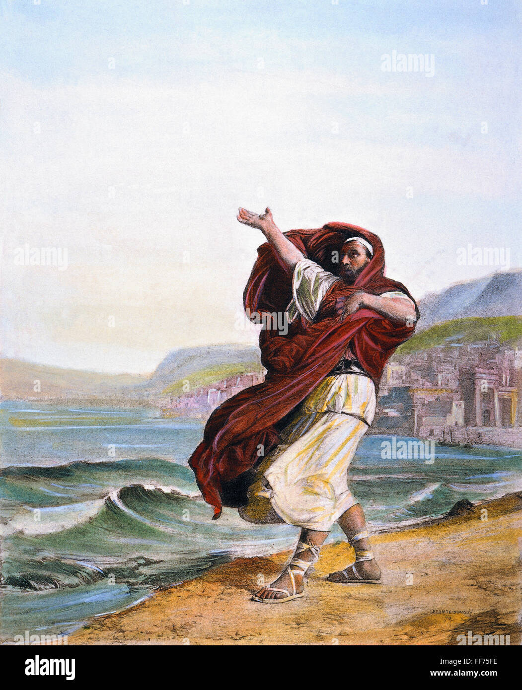 DEMOSTHENES (384-322 B.C.) /nGreek statesman. Practicing his oratory by the seashore. After a painting by Jules Lecomte du Nouy. Stock Photo