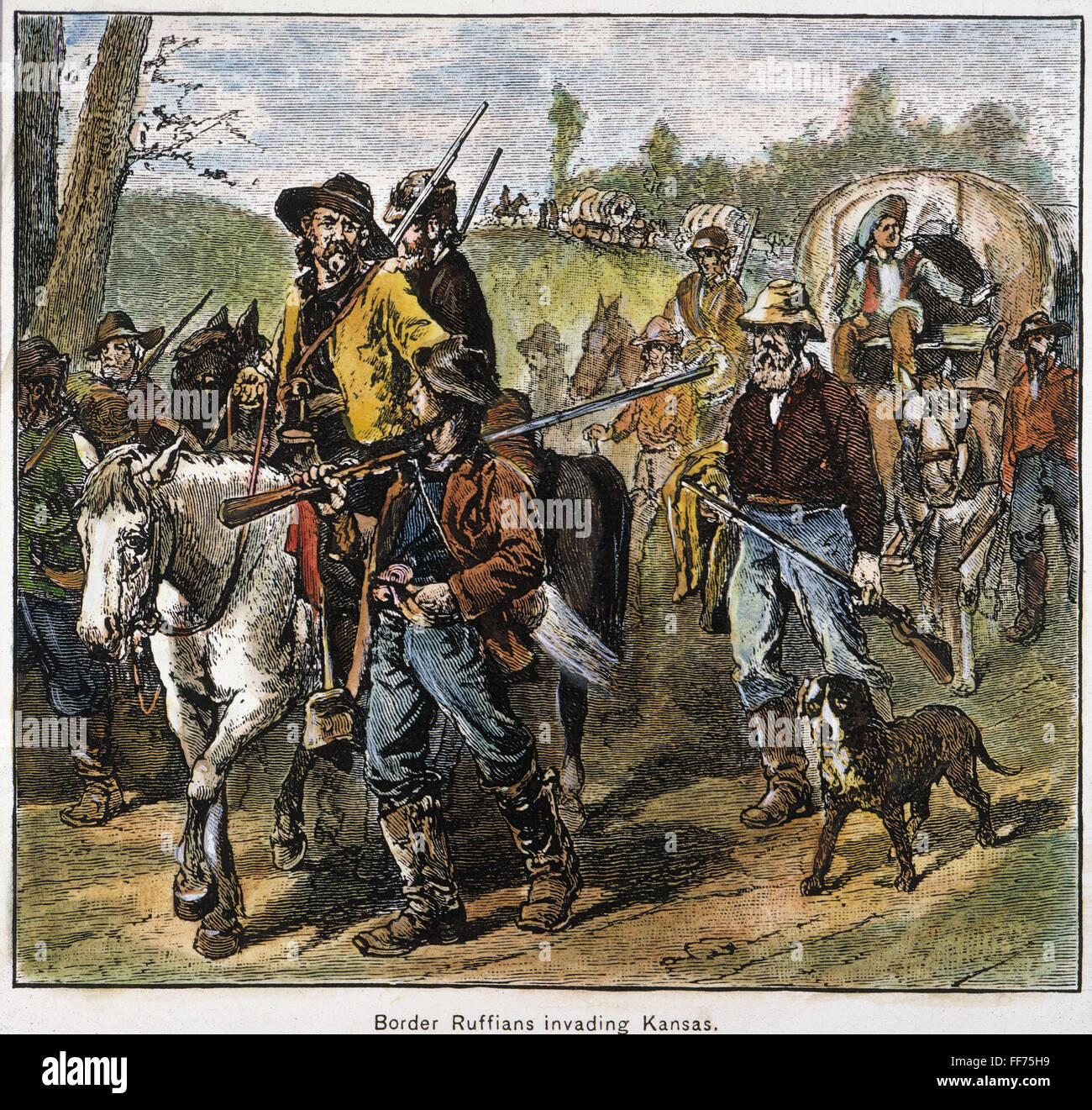 KANSAS-NEBRASKA ACT, 1856. /nMissourians on their way to plunder and burn the Free Soil capital of Lawrence, Kansas. Wood engraving, 19th century. Stock Photo