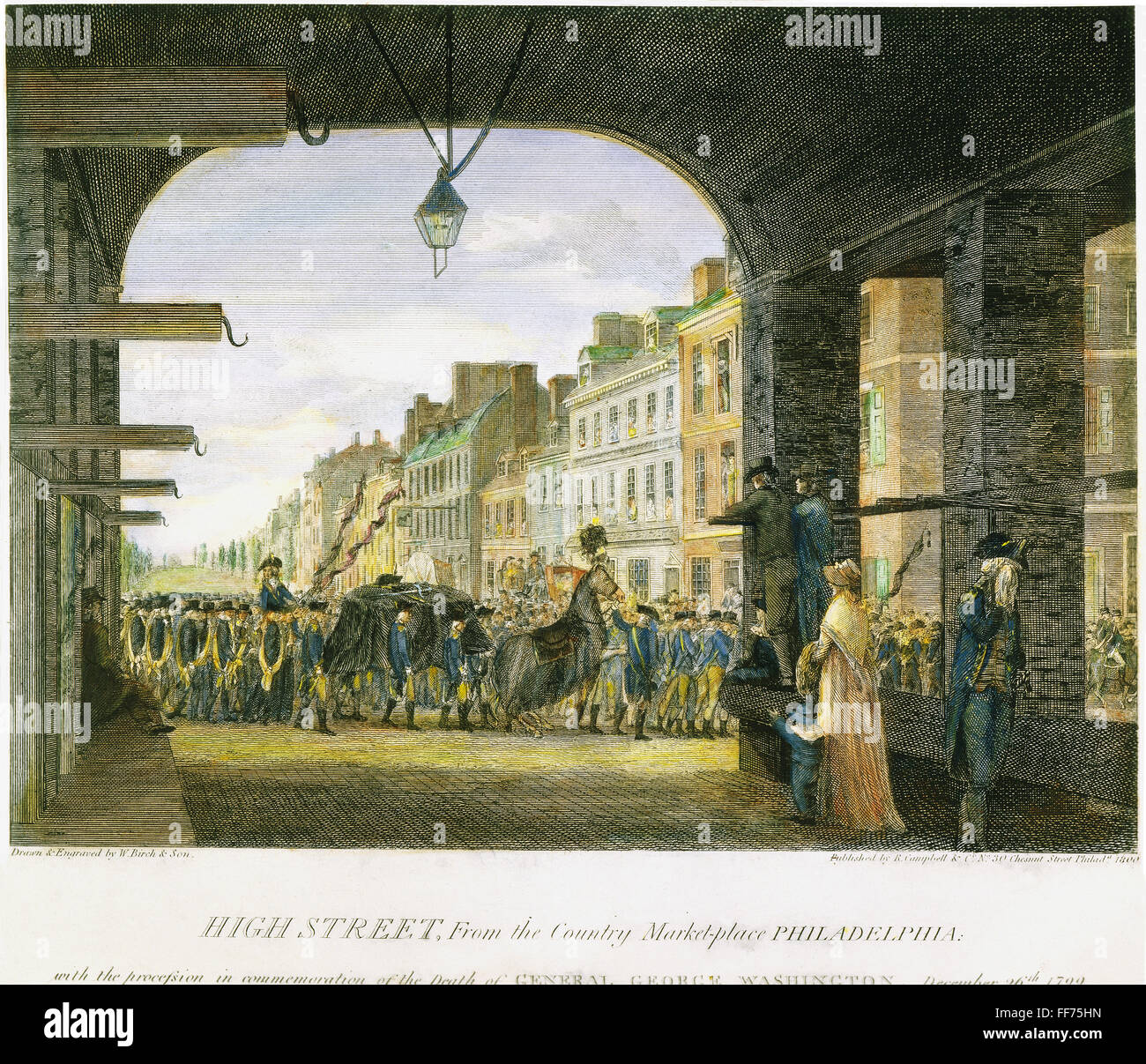 HIGH STREET, PHILADELPHIA. /nHigh Street, from the country market-place, Philadelphia, with the procession in commemoration of the death of President George Washington, 26 December 1799. Color engraving by William Birch & Son, 1800. Stock Photo