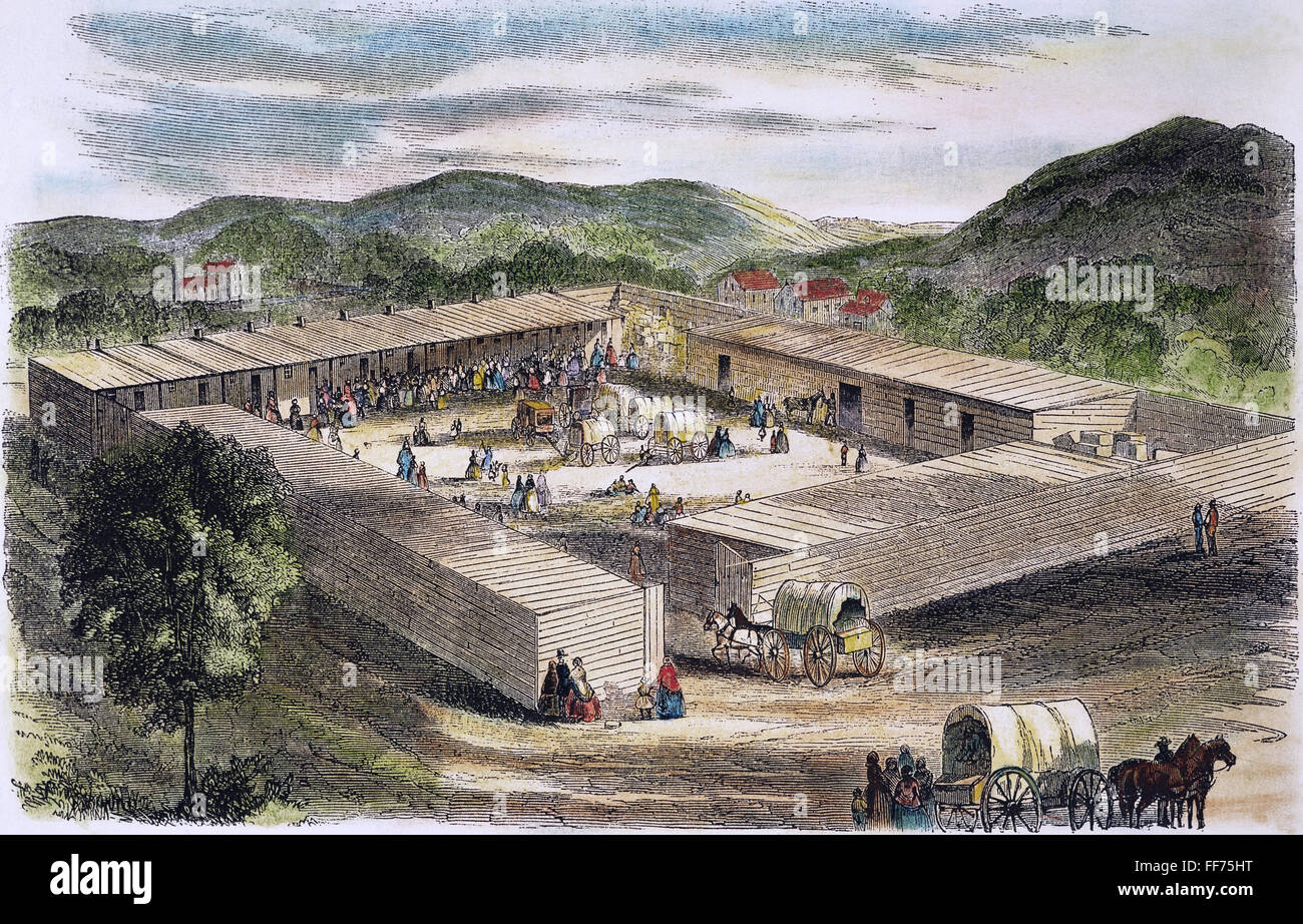 MORMON ENCAMPMENT, 1858. /nThe Mormon encampment at Provo City, Utah. Colored wood engraving, 1858. Stock Photo