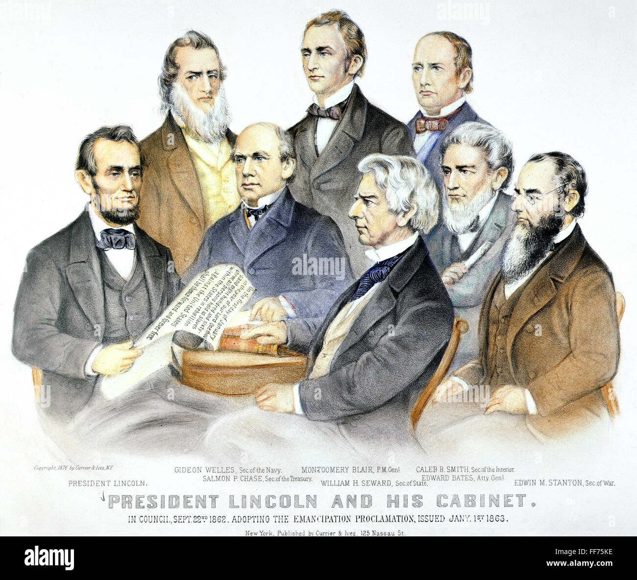 ABRAHAM LINCOLN'S CABINET. /nPresident Lincoln and his cabinet in council on 22 September 1862, adopting the Emancipation Proclamation, issued 1 January 1863. Lithograph by Currier & Ives, 1876. Stock Photo
