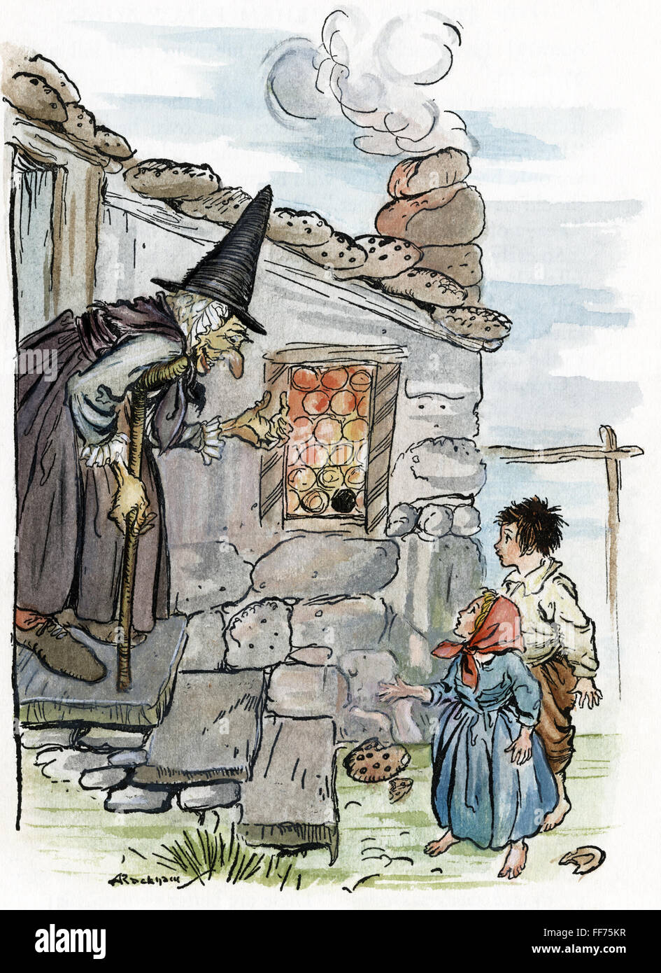 GRIMM: HANSEL AND GRETEL. /nThe wicked witch invites Hansel and Gretel into her house. Drawing by Arthur Rackham for the fairy tale by Brothers Grimm, c1909. Stock Photo