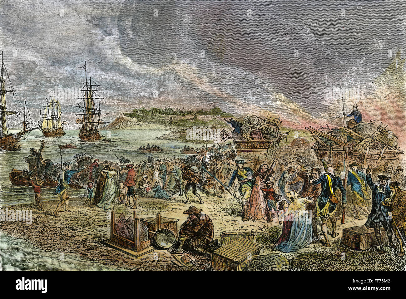 ACADIAN EXPULSION, 1755. /nThe removal of the Acadians from Nova Scotia by the British in 1755. Color engraving, 19th century. Stock Photo