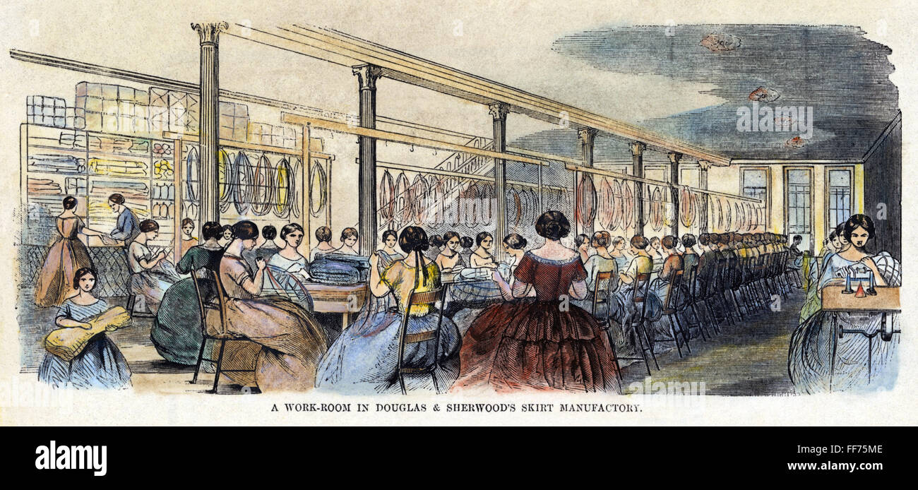 SKIRT FACTORY, 1859. /nA workroom in Douglas & Sherwood's skirt factory in New York City. Line engraving, 1859. Stock Photo
