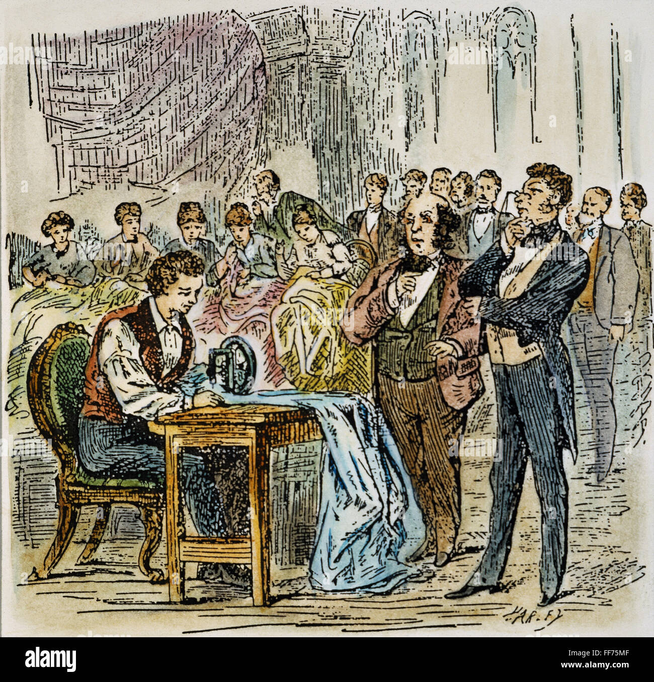 ELIAS HOWE, 1845. /nElias Howe competing with his sewing machine and