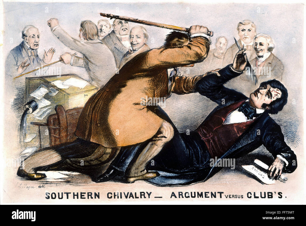 SUMNER AND BROOKS, 1856. /nCongressman Preston S. Brooks attacks Charles Sumner on the floor of the Senate chamber, 22 May 1856. Contemporary American cartoon. Stock Photo
