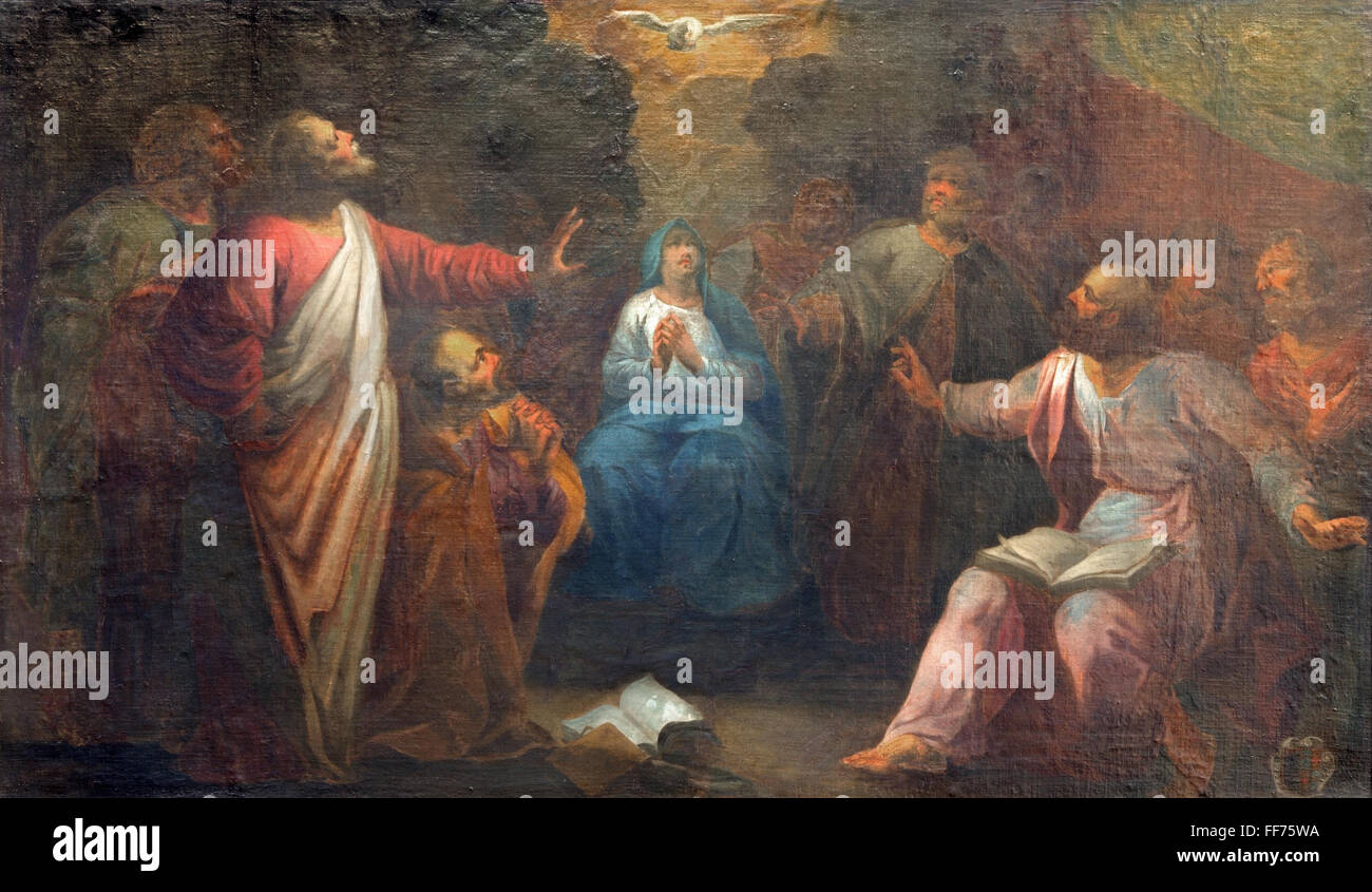 BRUGES, BELGIUM - JUNE 12, 2014: The Pentecost, painting by J. Garemijn (1750), Saint Walburga church. Stock Photo