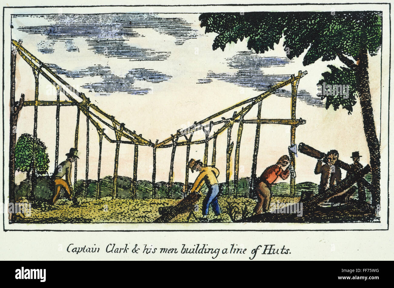 LEWIS & CLARK: HUTS, 1800s. /nMembers of the Lewis & Clak expedition building a line of huts: colored engraving, 1811, from a contemporary account of the expedition. Stock Photo