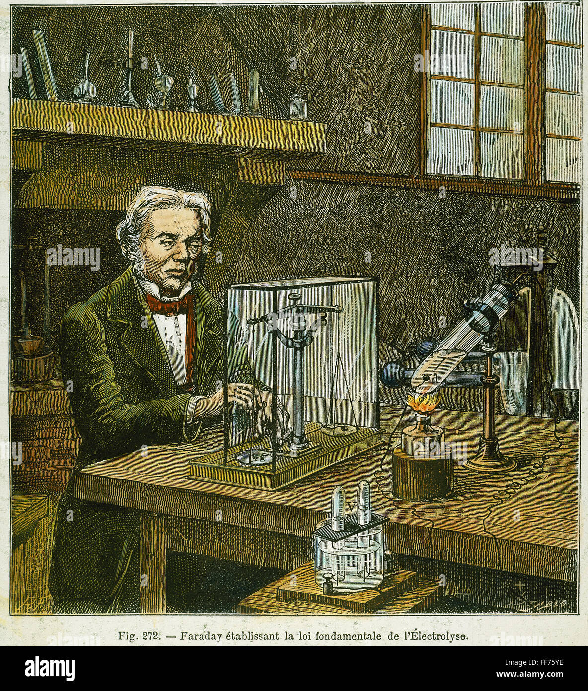 MICHAEL FARADAY (1791-1867) /nestablishing the fundamental law of electrolysis: colored engraving, 19th century. Stock Photo