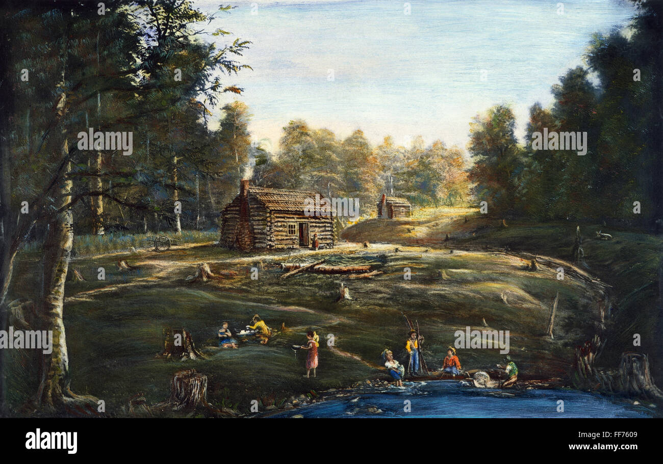 OHIO: LOG CABIN & FARM. /nA log cabin and farm site at Orange (Cuyahoga county), Ohio, in 1831. Lithograph. Stock Photo