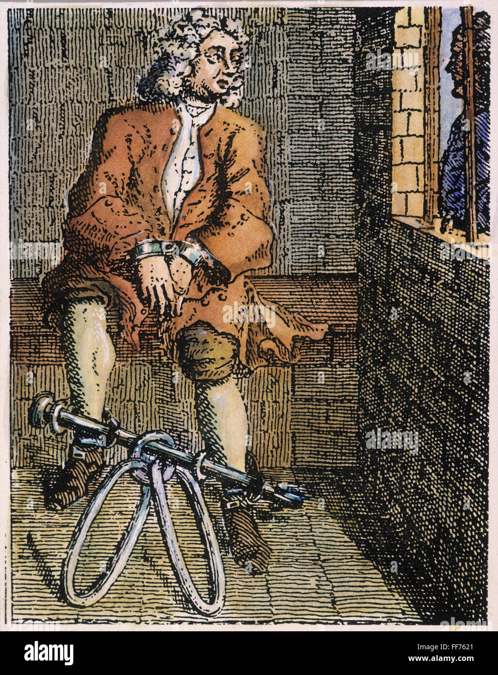 LONDON: DEBTOR'S PRISON. /nA debtor in fetters at the Marshalsea Prison, London. Line engraving, 18th century. Stock Photo