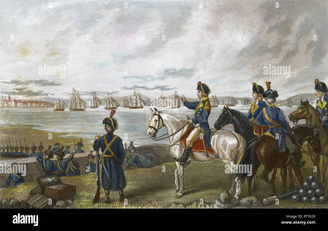 BOSTON: EVACUATION, 1776. /nGeneral George Washington observing the evacuation of Boston, Massachusetts, by the British forces under Sir General William Howe, 17 March 1776. Steel engraving, American, c1867, by Frederick T. Stuart. Stock Photo