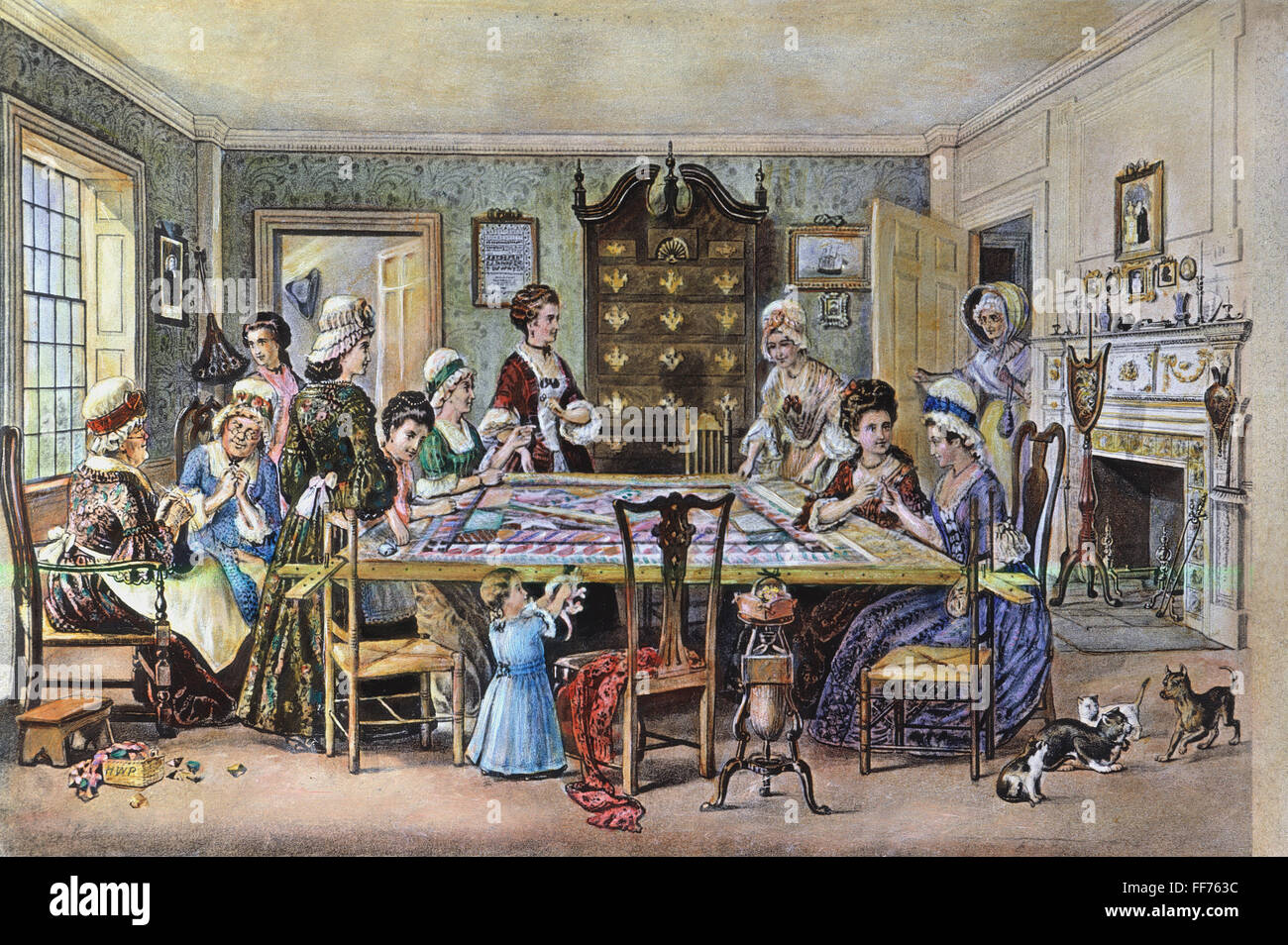 QUILTING BEE. /nWomen at a quilting bee during the American ...