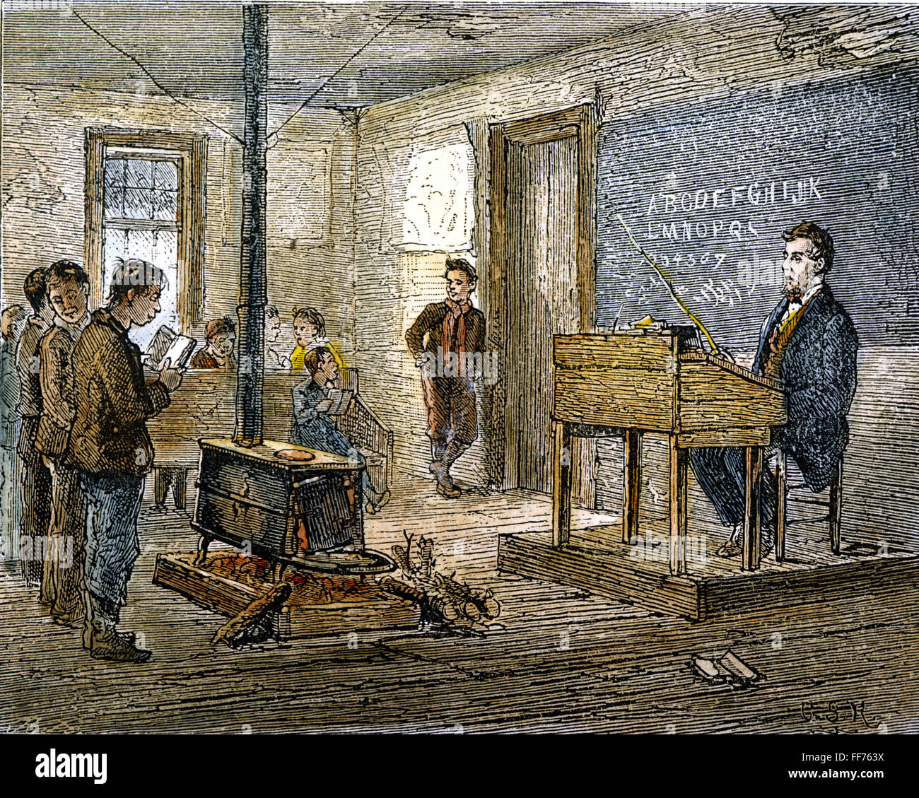 AMERICAN COUNTRY SCHOOL. /nWood engraving, American, 1875. Stock Photo