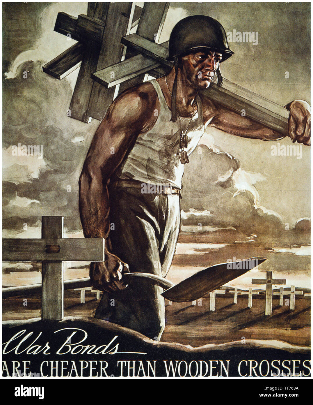 WORLD WAR II: BOND POSTER. /n'War Bonds Are Cheaper Than Wooden Crosses.' American World War II war bond poster, 1940s. Stock Photo