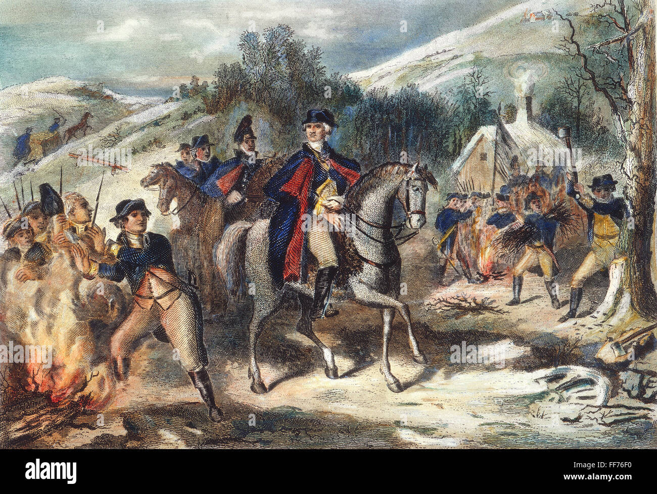 WASHINGTON: VALLEY FORGE. /nGeorge Washington inspecting the Continental Army at Valley Forge during the winter of 1777-78. Line engraving, 19th century. Stock Photo