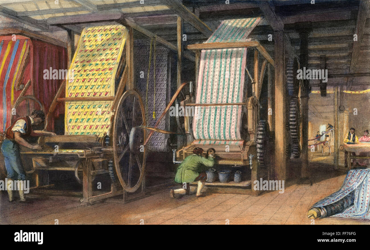 TEXTILE MANUFACTURE, 1834. /nCalico printing in a Manchester, England, cotton mill. Steel engraving, 1834 English. Stock Photo