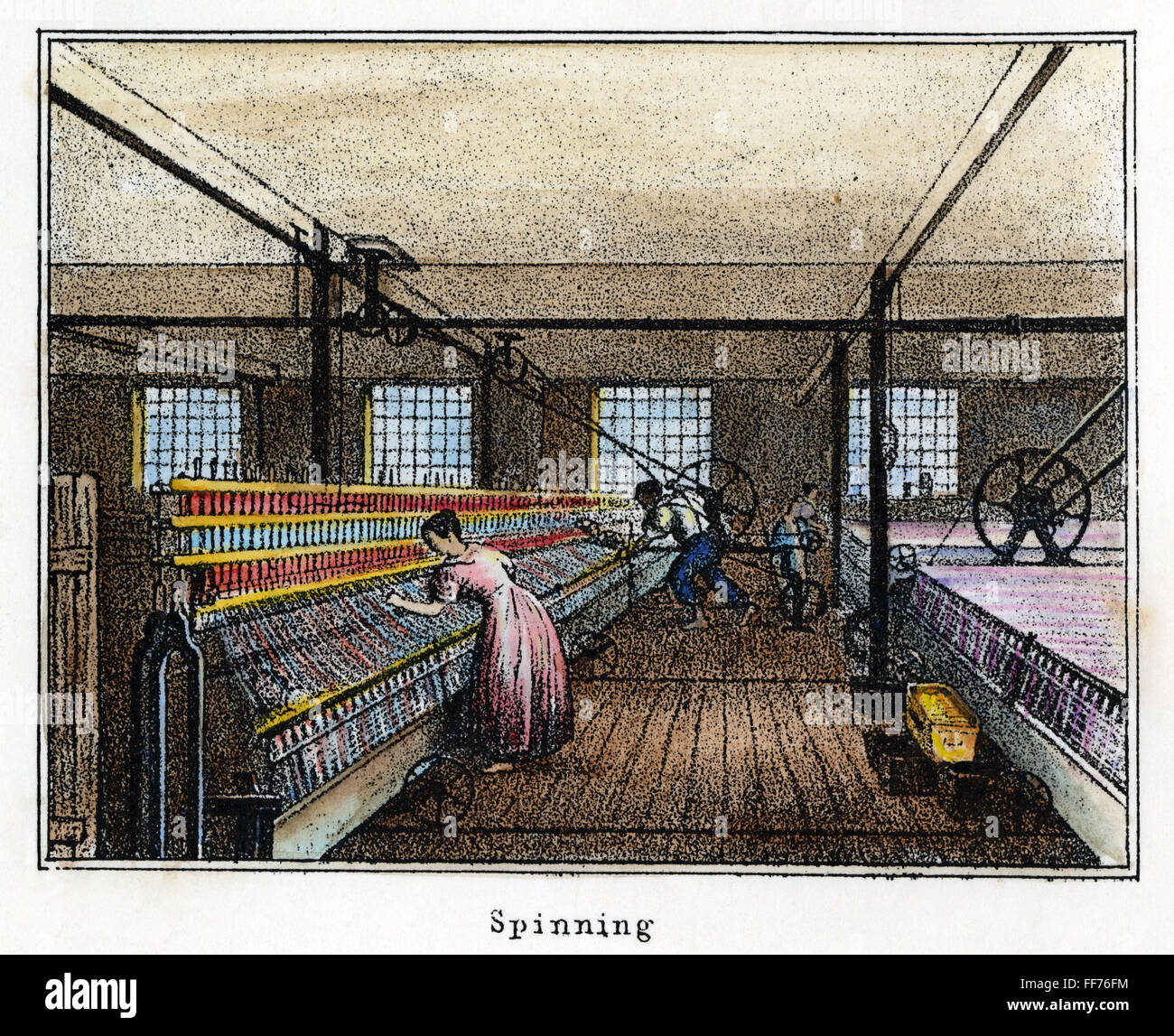 TEXTILE MANUFACTURE, c1836. /nMule spinning. Interior view of a New England cotton manufactures mill. Lithograph, c1836. Stock Photo