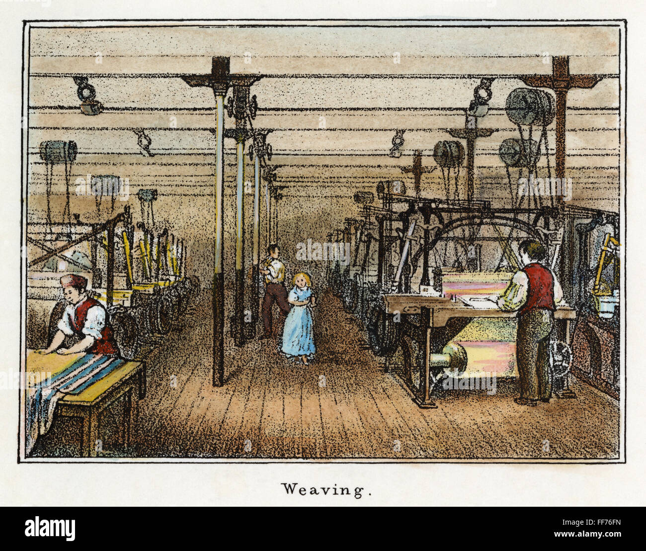 TEXTILE MANUFACTURE, 1840. /nThe weaving room in a New England cotton mill. Lithograph, English. Stock Photo