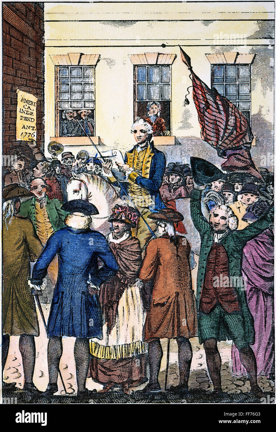 PHILADELPHIA, 1776. /nColonel John Nixon making the first public reading of the Declaration of Independence in the State House Yard, Philadelphia, Pennsylvania, on 8 July 1776. Color English line engraving, 1783. Stock Photo