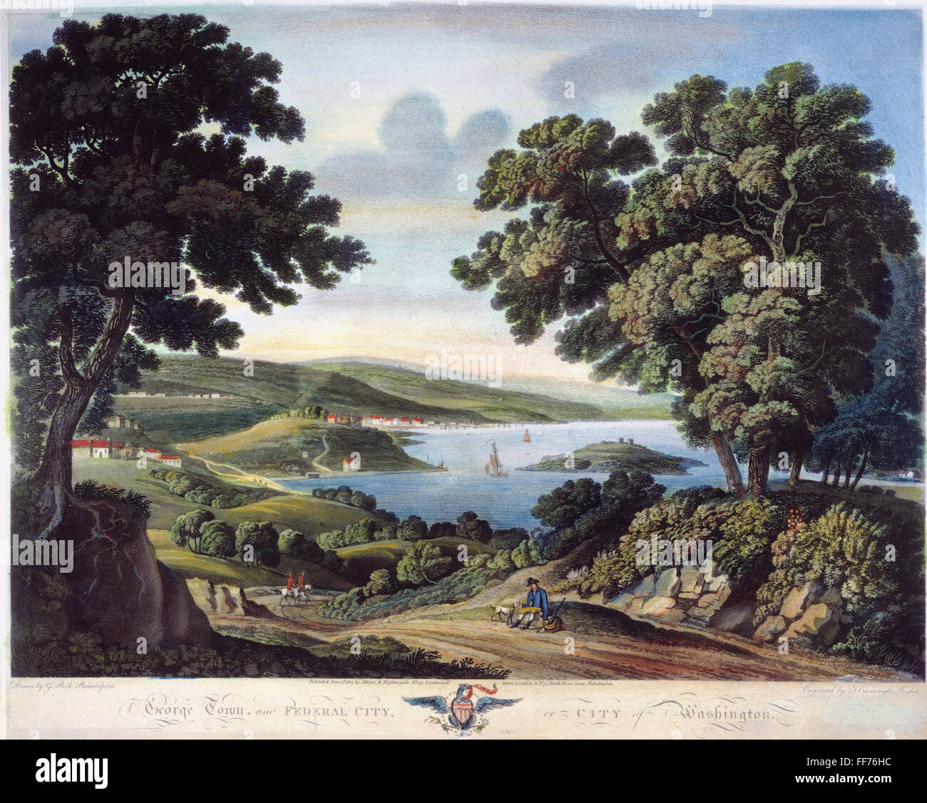 VIEW OF WASHINGTON, D.C. /nA view of Georgetown and Washington, D.C., on the Potomac River. Aquatint, English, 1801. Stock Photo