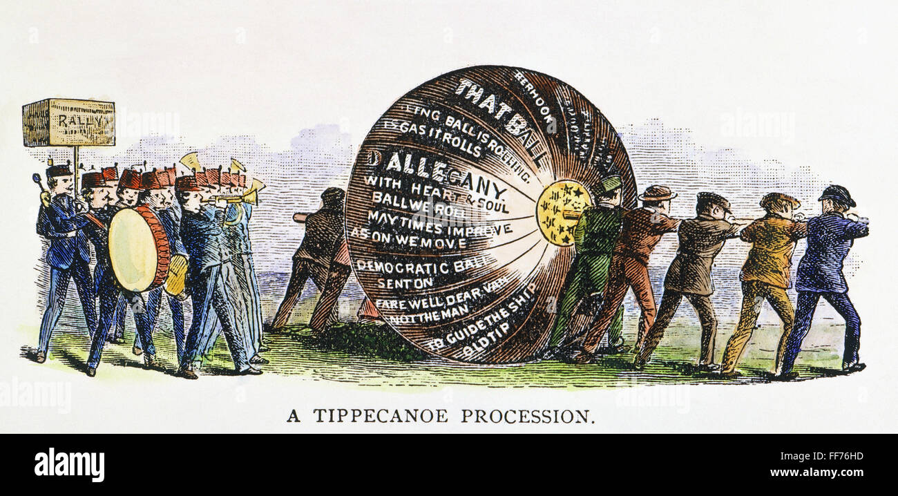 W. HARRISON: CAMPAIGN, 1840. /nWilliam Henry Harrison's Whig supporters rolling a paper ball from city to city and on to Washington, D.C., during the presidential campaign of 1840: colored engraving, 19th century. Stock Photo