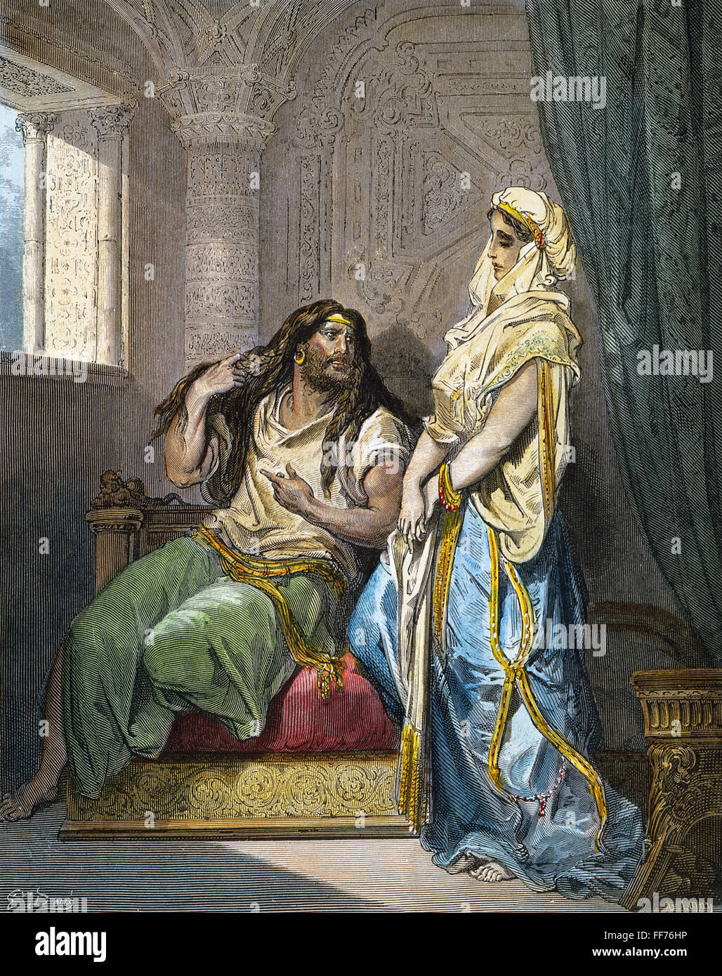 SAMSON AND DELILAH. /n(Judges 16). Color engraving after Gustave DorΘ. Stock Photo