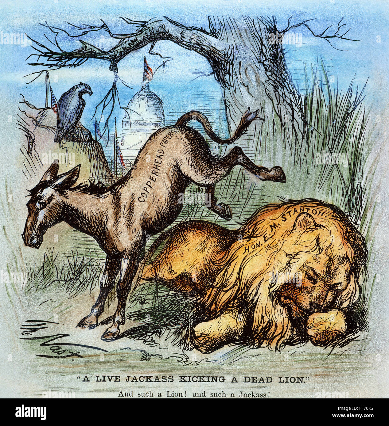 DEMOCRAT DONKEY, 1870. /n'A Live Jackass Kicking a Dead Lion.' American cartoon, 1870, by Thomas Nast, featuring his first use of the donkey as the symbol of the Democratic Party, shown kicking the late Republican Secretary of War Edwin Stanton. Stock Photo