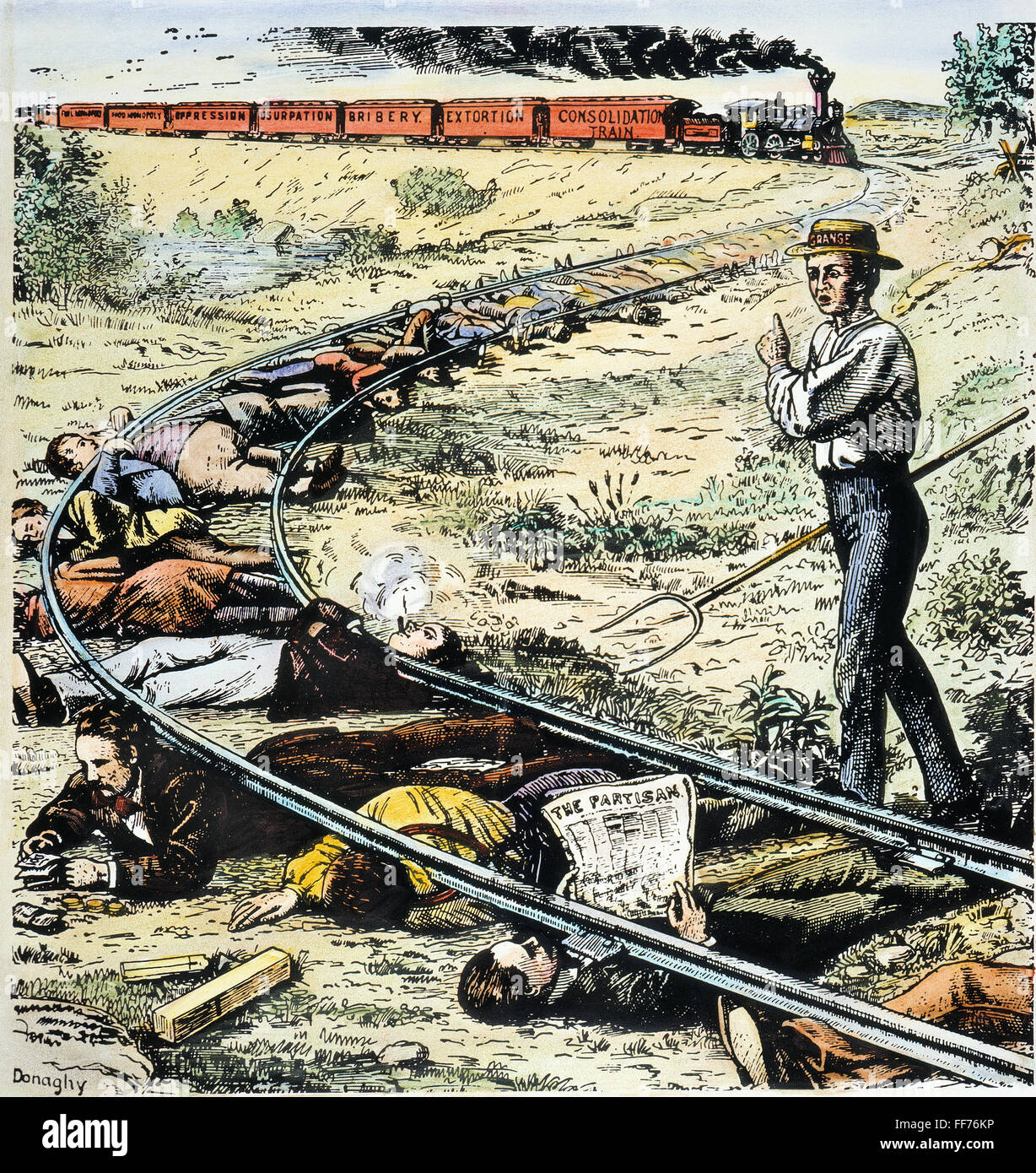 GRANGER MOVEMENT. /n'The Grange Awakening the Sleepers.' American cartoon, 1873, inspired by the Vanderbilt system of secret rebates, showing a farmer trying to rouse the country to the railroad menace. Stock Photo